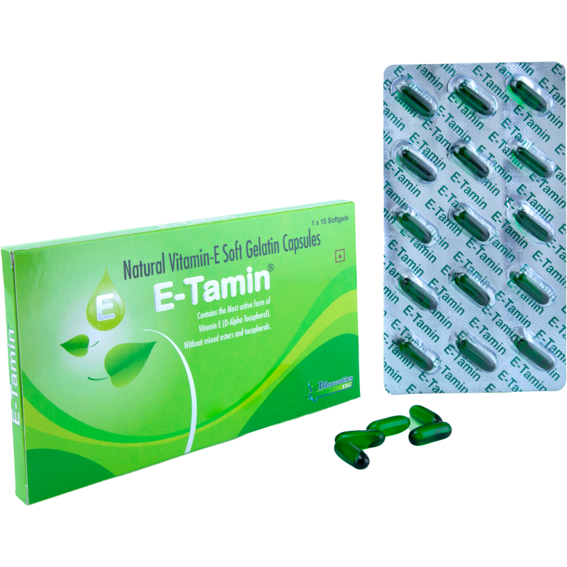 E-Tamin natural vitamin E soft gelatin capsules and blister pack.