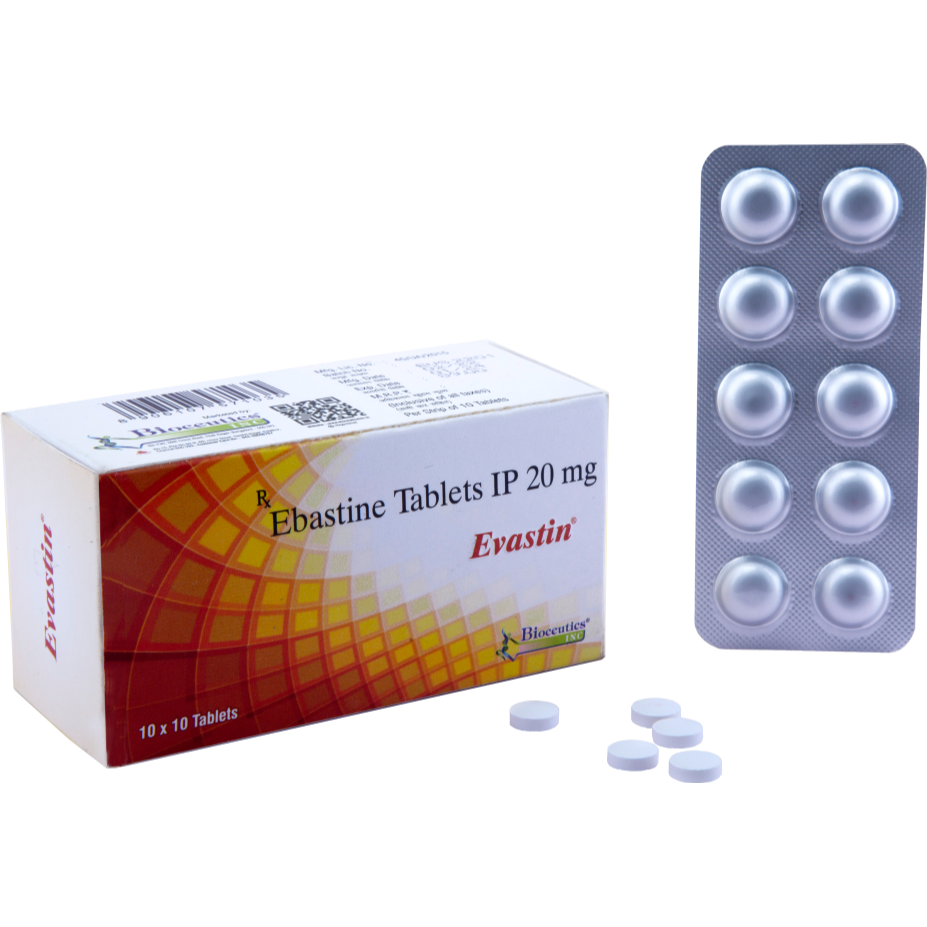 Evastin Ebastine Tablets IP 20 mg box and blister pack