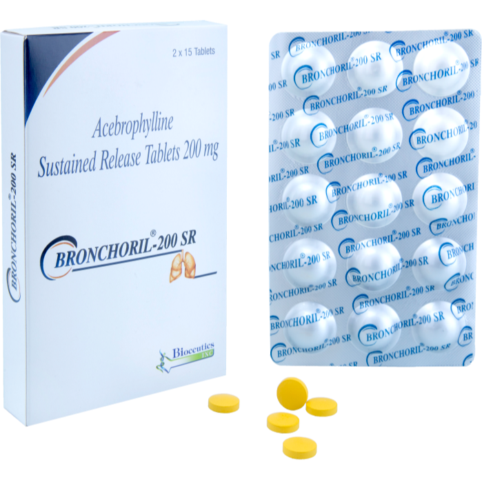 BRONCHORIL - 200 SR box, blister pack, and yellow tablets