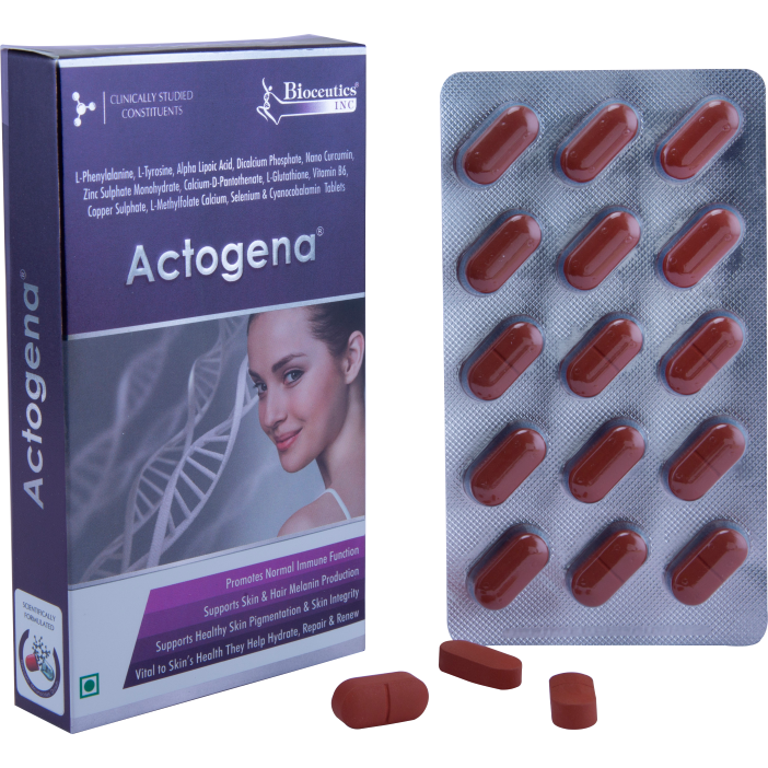 Actogena supplement box and blister pack with red tablets