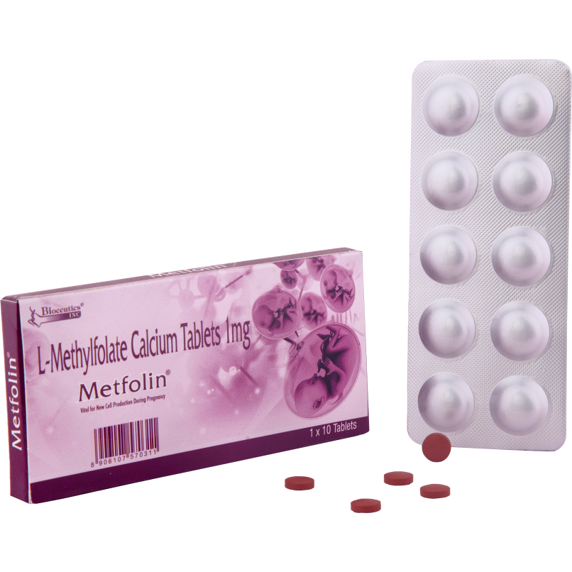 Metfolin L-Methylfolate Calcium 1mg tablets and blister pack