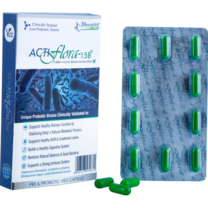 ACTIFLORA 15B box, blister pack, and green capsules