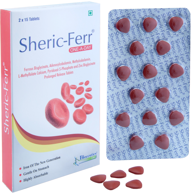 Sheric-Ferr box and blister pack of iron supplement tablets