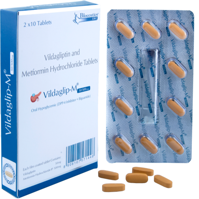 Vildaglip-M box with tablet blister pack