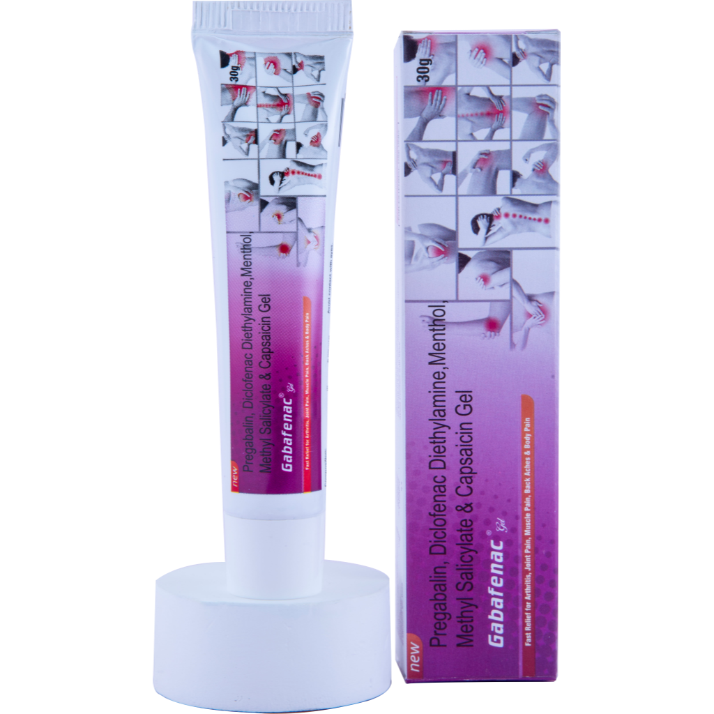 Gabafenac Gel tube and box showing application areas