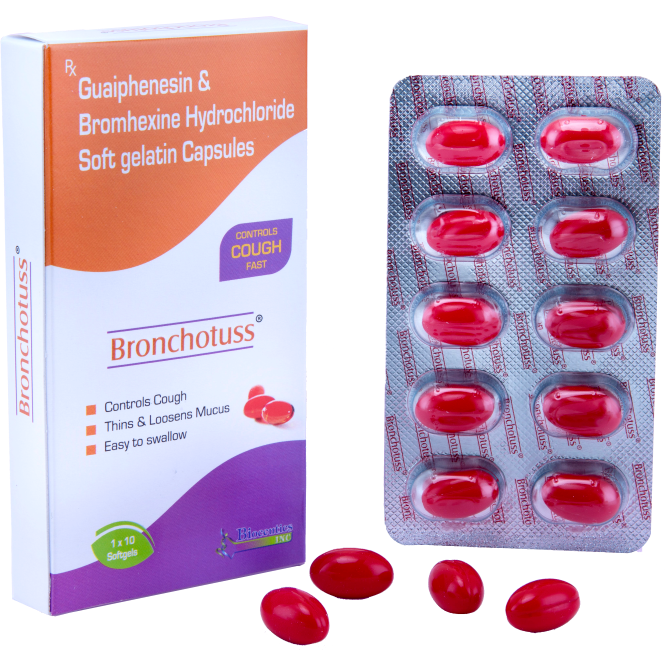 Bronchotuss Guaiphenesin and Bromhexine soft gelatin capsules