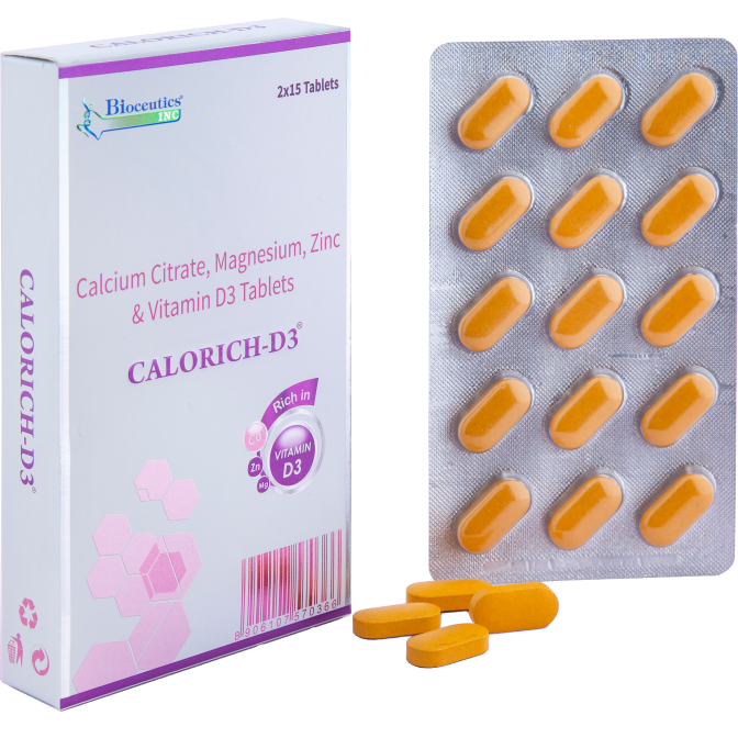 CALORICH-D3 box with Calcium, Magnesium, Zinc, and Vitamin D3 tablets