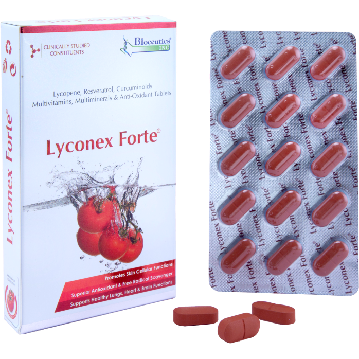 Lyconex Forte box and blister pack of red capsules.