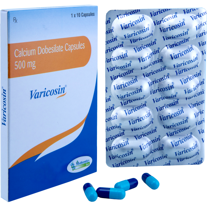 Varicosin Calcium Dobesilate 500 mg capsules and box