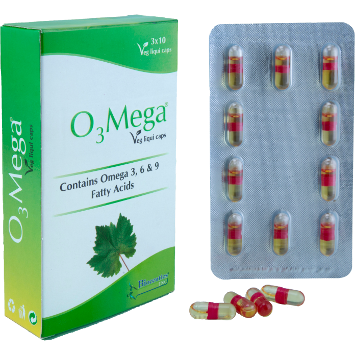 O3 Mega capsules containing Omega 3, 6, and 9 fatty acids.