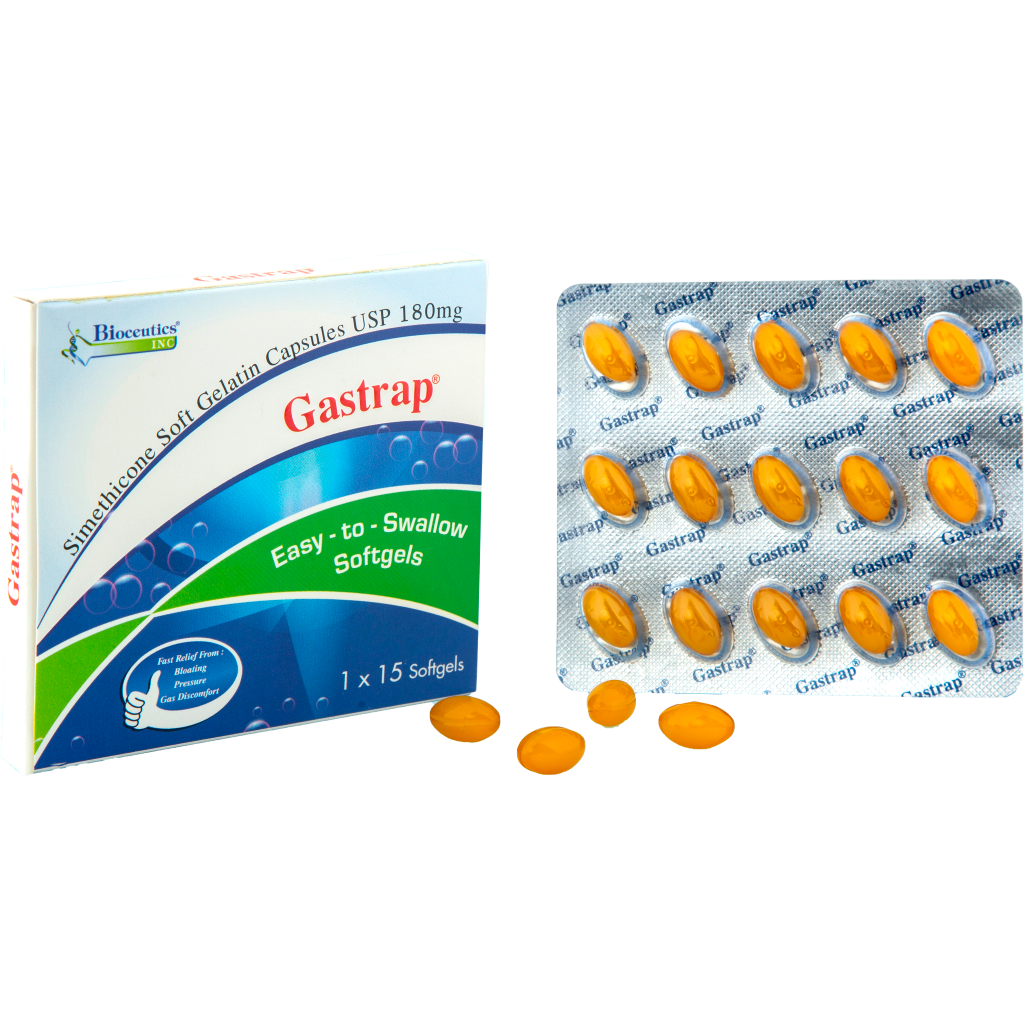 Gastrap box with a blister pack of orange softgels.