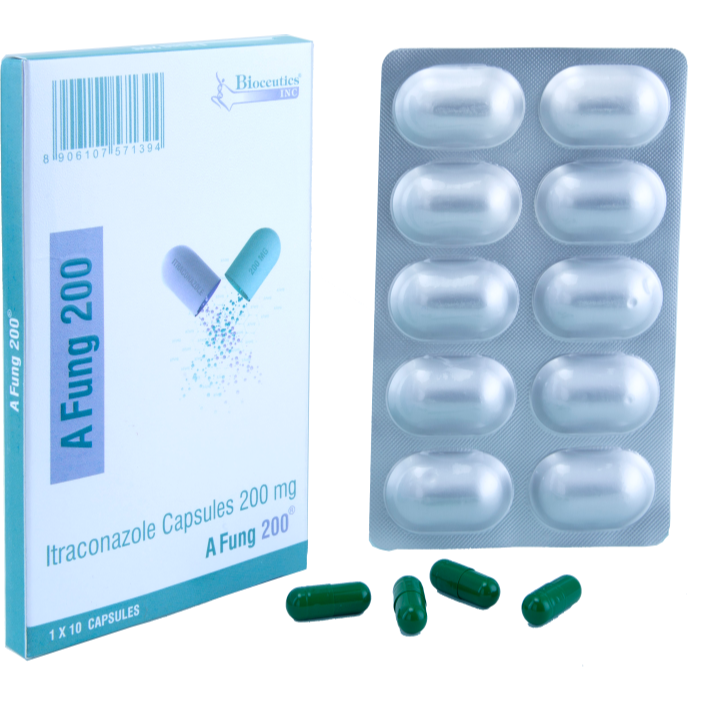 AFUNG 200 Itraconazole 200 mg capsules box and blister pack
