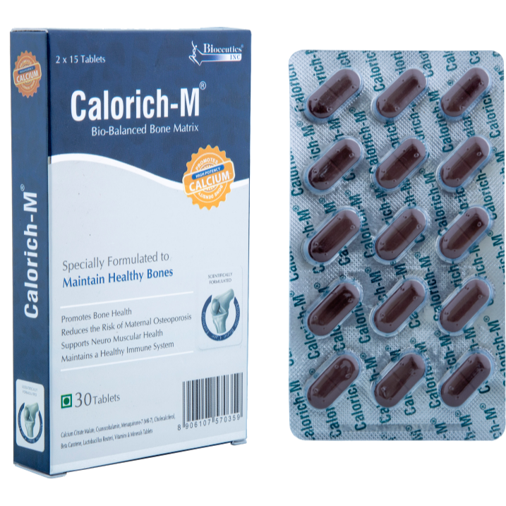 Calorich-M bone health supplement box and tablet blister pack.