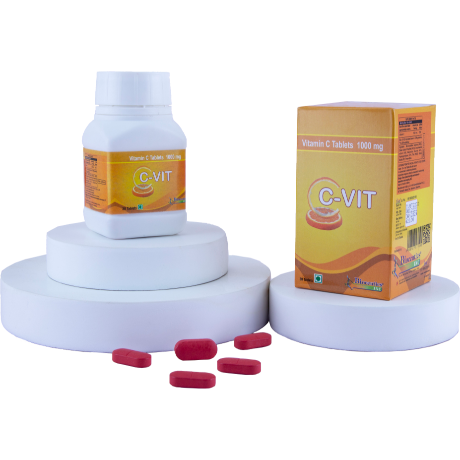 C-VIT Vitamin C tablets, bottle and box packaging