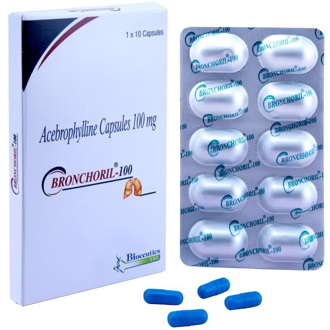 Bronchoril 100 Acebrophylline Capsules box with blister pack