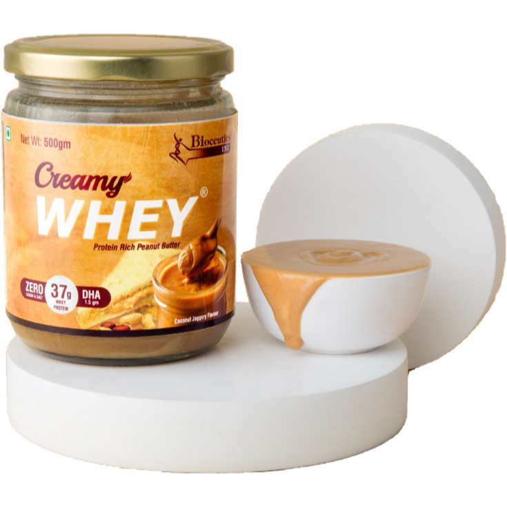 Jar of Creamy Whey peanut nut butter and a small bowl.