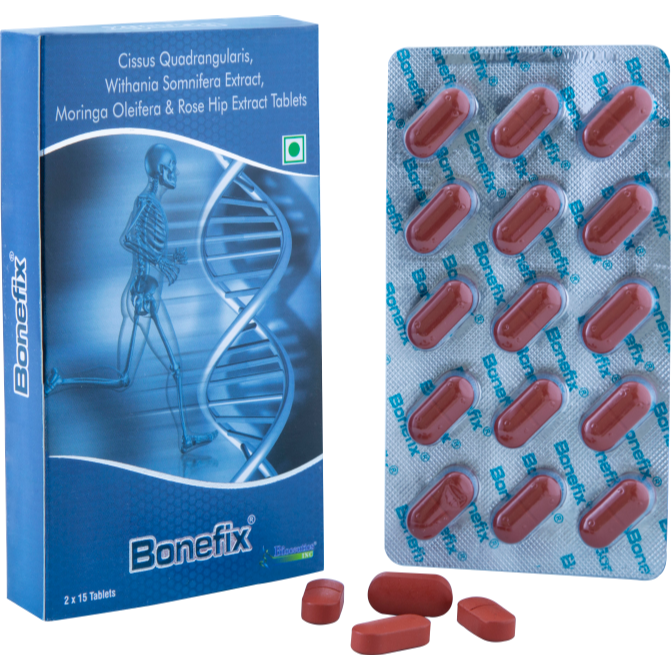 Bonefix box and blister pack of herbal tablets
