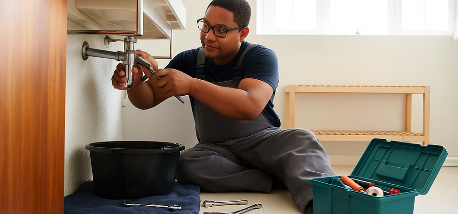 man repairing sink drain under sink.he has a tool box open with tools. bowl under the drain for for water leaking