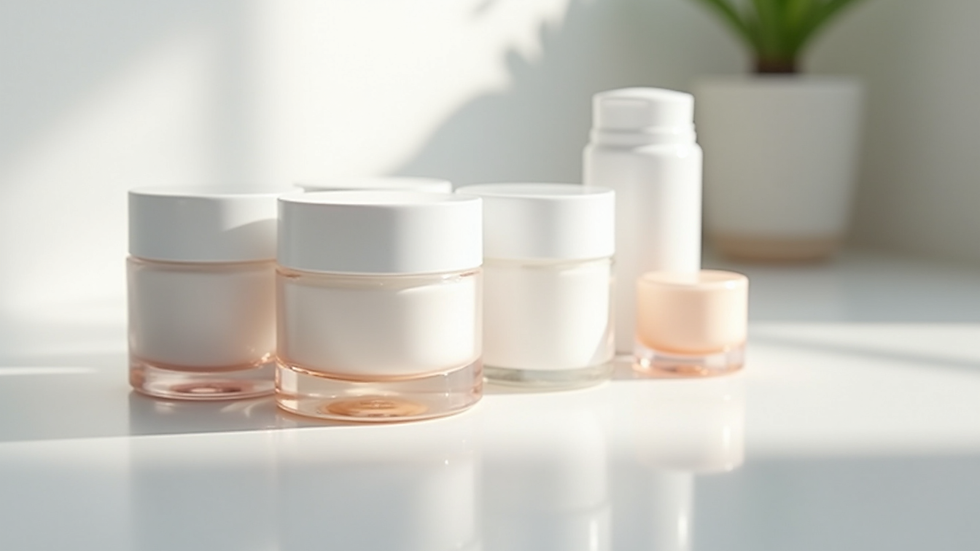Eye-level view of cosmetic product samples arranged on a white surface