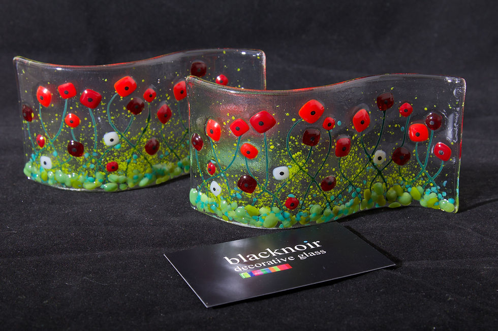 Red Poppy Fused Glass Wave Picture Front View