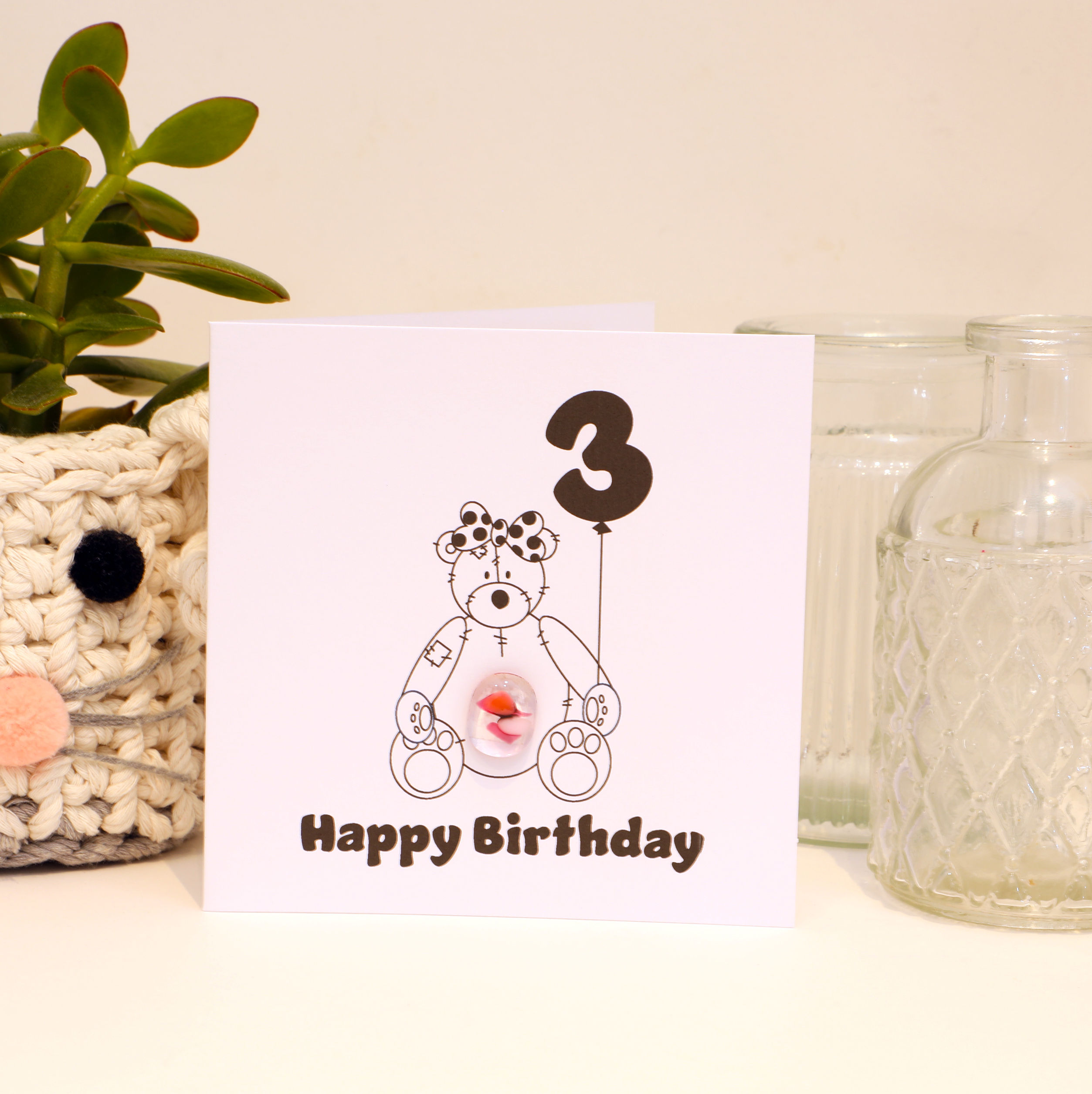 Front view Teddy bear girls third birthday card