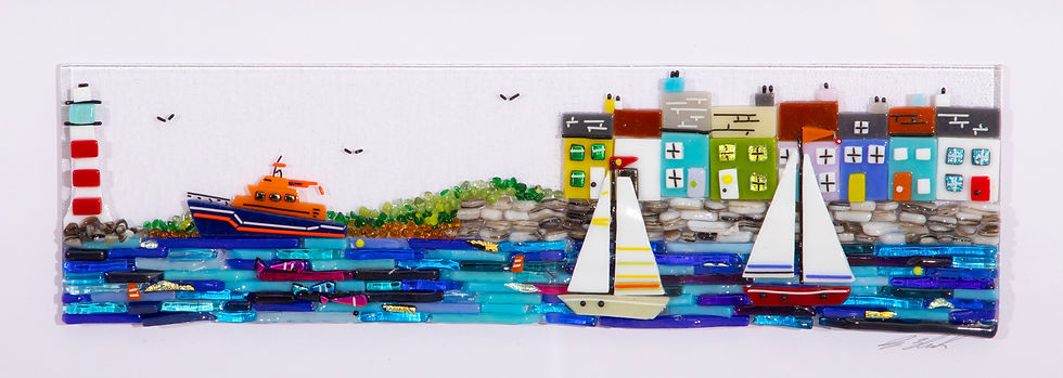 Thumbnail: Lifeboat Out in the Bay Fused Glass Picture front view