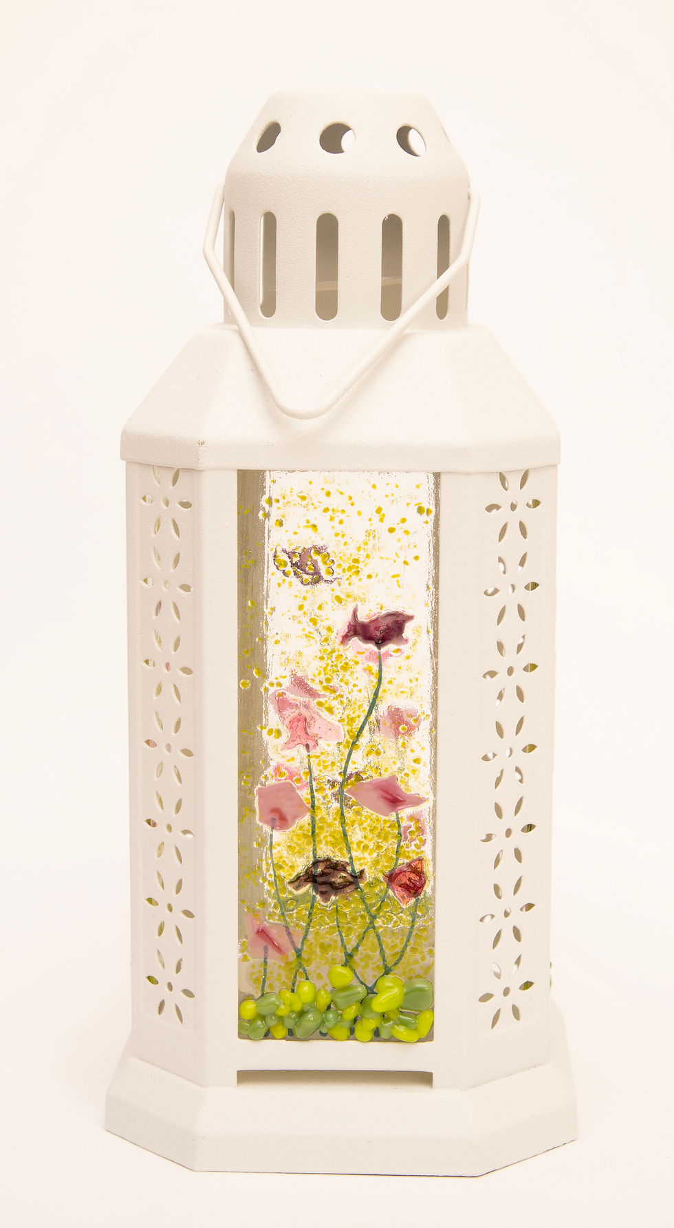 Thumbnail: White Wild Flower Field Fused Glass Storm Lantern Grey Front View