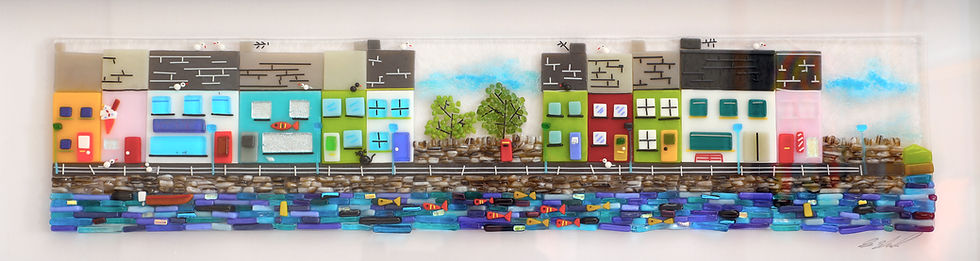 Fused Glass Picture Down by The Harbour Close Up Front View