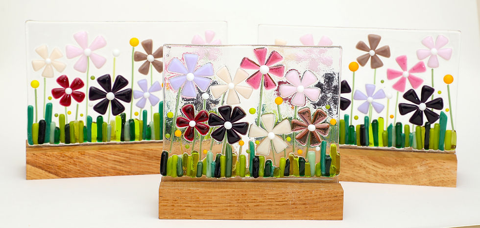 Small, Large Pink & Purple Fused Glass Flowers in Oak Base Front View