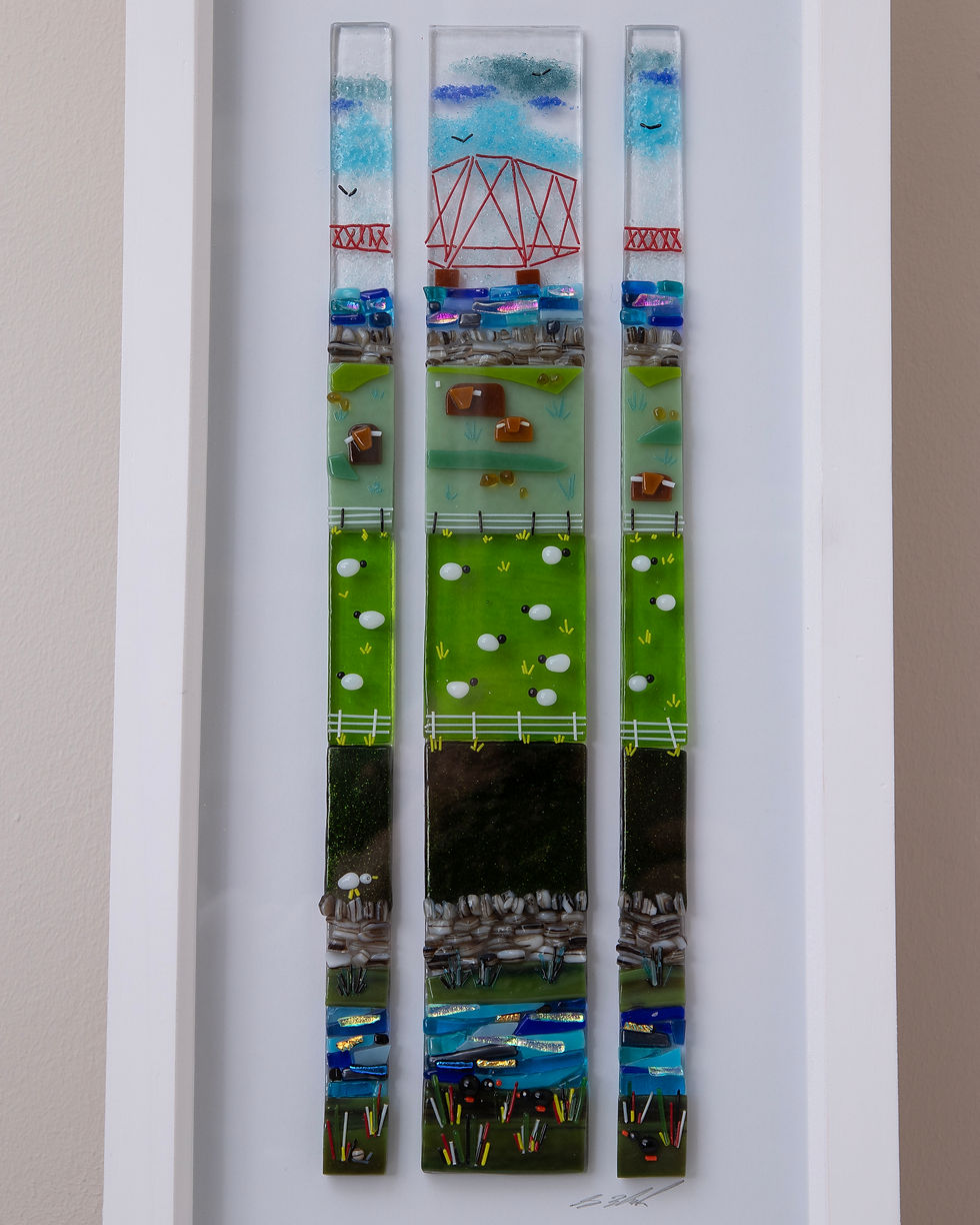 Thumbnail: Front View The view over the pond to the bridge fused glass picture.