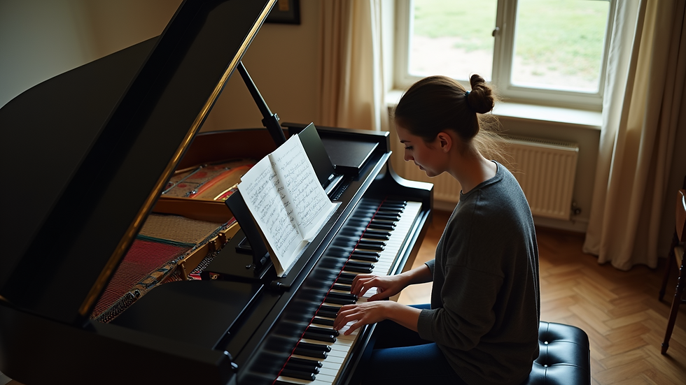 High angle view of a piano lesson in progress with a teacher and student
