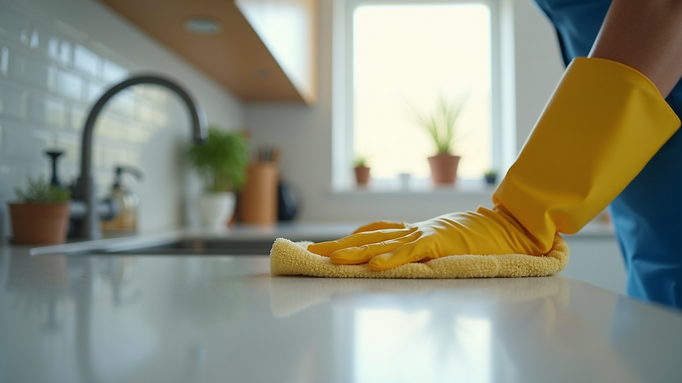 Close-up view of a cleaner wiping a kitchen countertop
