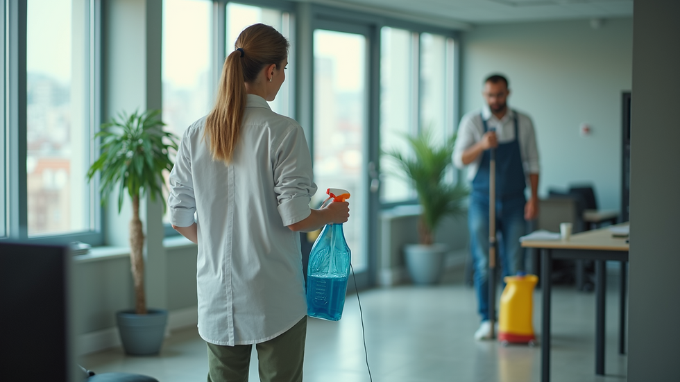 High angle view of professional cleaner using eco-friendly products in an office