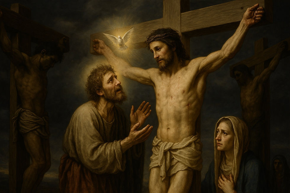 Jesus promete o Paraíso ao bom ladrão. Imagem sacra renascentista da salvação e da esperança na cruz.