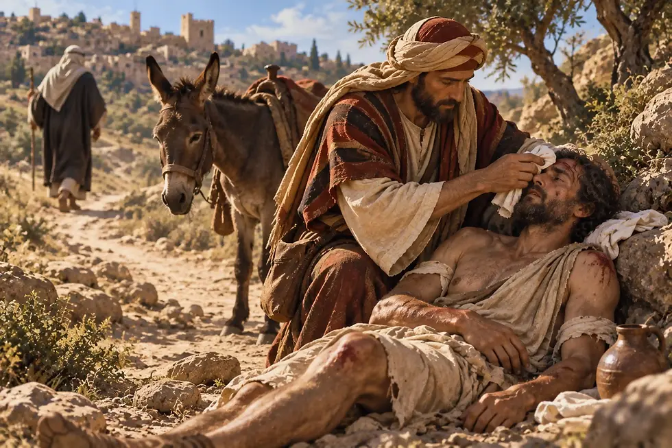 Bom Samaritano socorre um homem ferido no caminho, exemplo de misericórdia e amor ao próximo narrado por Jesus em Lucas 10,25–37.