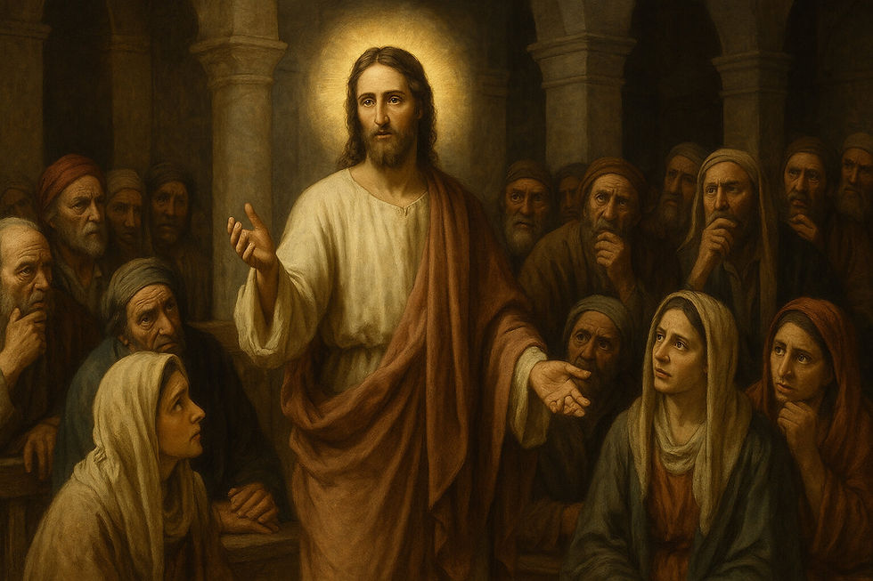 Jesus na sinagoga de Nazaré ensinando, cercado por rostos desconfiados. Luz divina destaca sua figura.