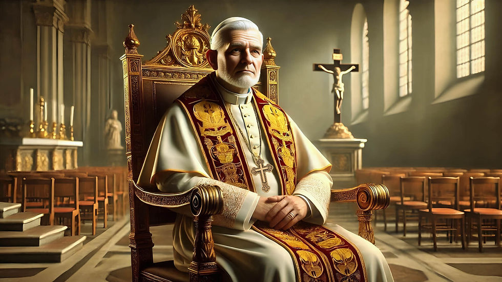 São Pio X, em sua majestosa simplicidade, sentado em um trono sagrado, irradiando serenidade e autoridade espiritual em meio à luz dourada de uma igreja silenciosa.