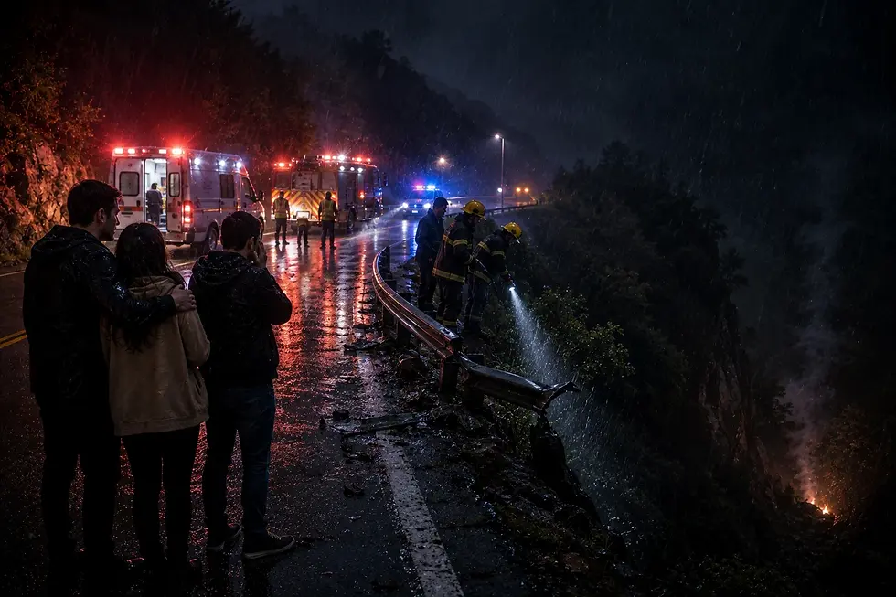 Socorristas e civis diante de guard-rail rompido em estrada chuvosa, refletindo sobre morte, fragilidade humana e chamado à conversão.