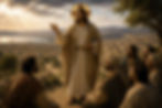 Jesus Cristo, com auréola crucífera, ensina em uma colina da Galileia e estende a mão em advertência às cidades que rejeitaram seus milagres, enquanto alguns discípulos o escutam com reverência diante da paisagem da Palestina do século I.