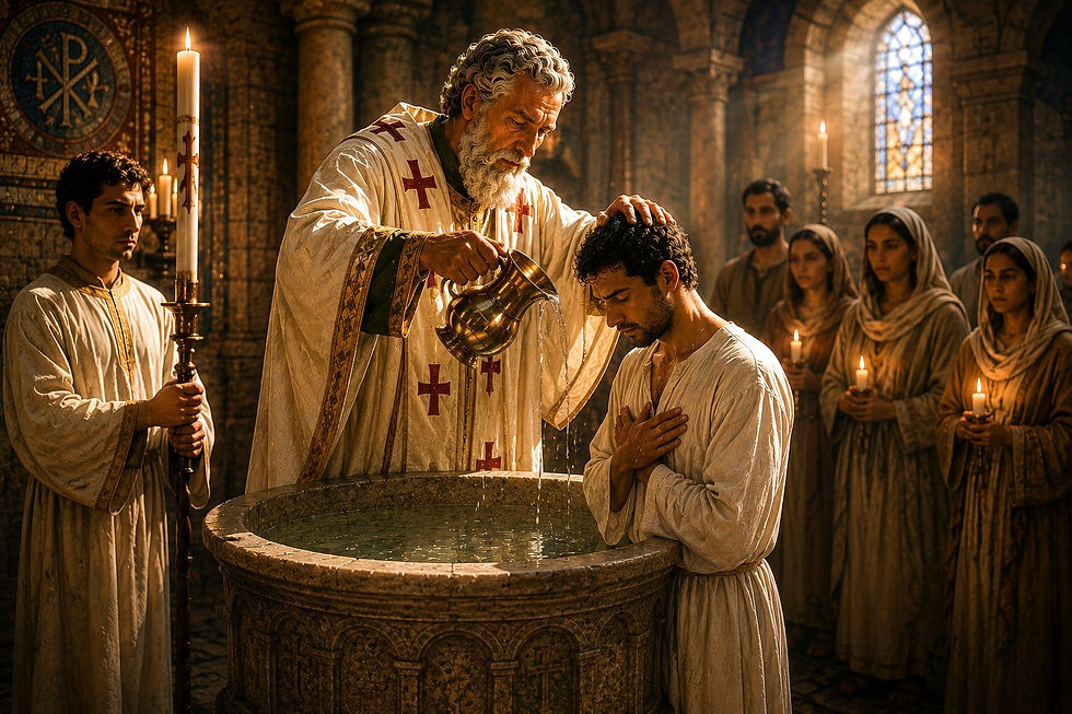 São Cirilo de Jerusalém administrando o sacramento do Batismo em igreja cristã do século IV.