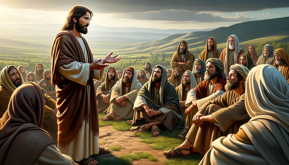 ilustração hiper-realista da cena descrita em Mateus 5:20-26, onde Jesus ensina sobre o verdadeiro significado da justiça a um grupo de seguidores em uma colina verdejante, destacando a seriedade de sua mensagem.