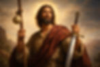 São Tiago Apóstolo com espada do martírio e bastão de peregrino, em pintura sacra renascentista, luz dourada simbólica.