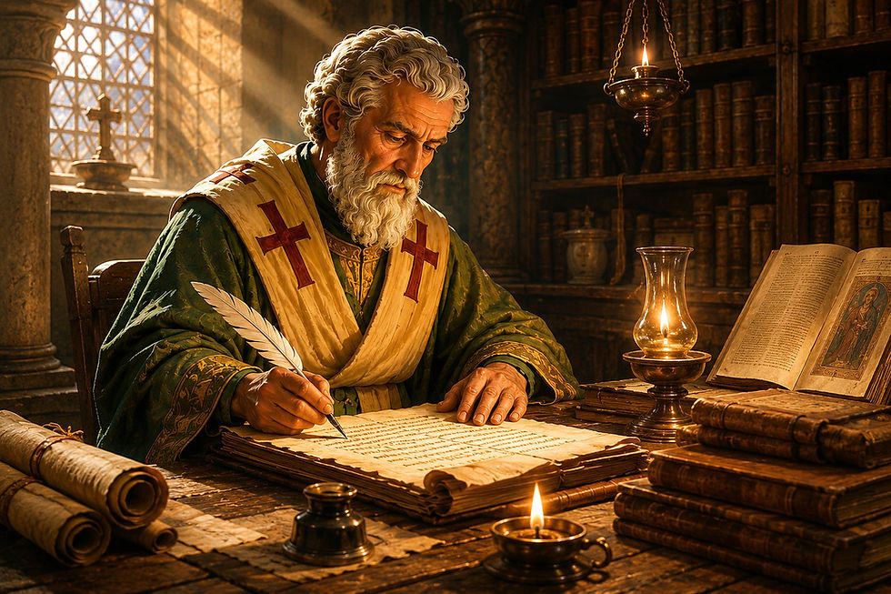 São Cirilo de Jerusalém escrevendo as Catequeses Mistagógicas em biblioteca cristã antiga iluminada por velas.