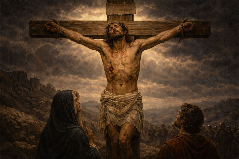 Jesus na cruz eleva o rosto ao céu com serenidade, enquanto Maria e João oram em silêncio aos seus pés.