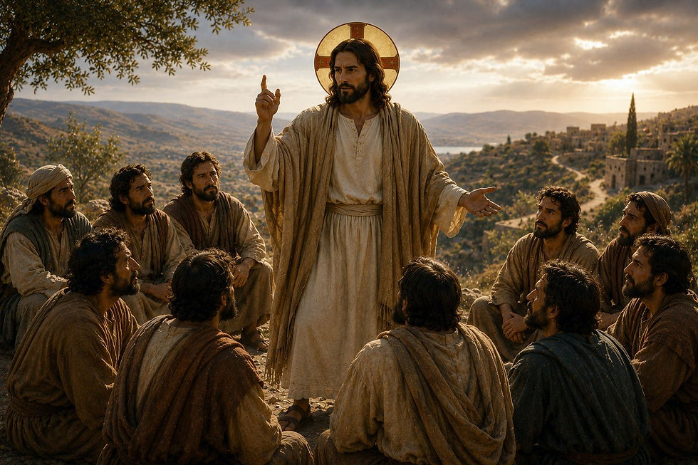Jesus Cristo, com auréola crucífera, ensina os doze apóstolos em uma colina da Galileia, exortando-os a colocar o Reino de Deus acima de tudo e a segui-lo com fidelidade, enquanto os discípulos o escutam com reverência diante da paisagem da Palestina do século I.