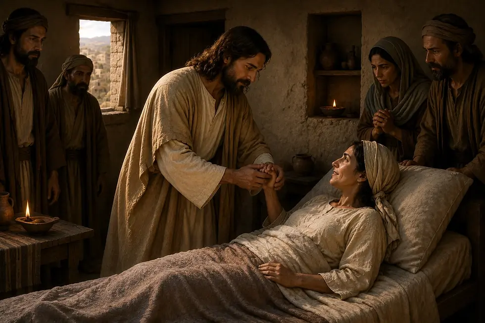 Jesus cura a sogra de Pedro em Cafarnaum, inclinando-se junto ao leito enquanto discípulos contemplam sua ação misericordiosa. (Lc 4,38–44)