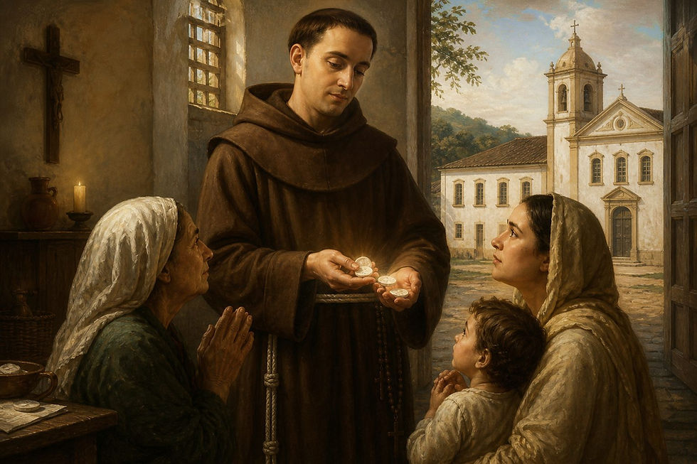 Santo Antônio de Sant’Ana Galvão distribui pílulas marianas em convento colonial brasileiro, em pintura sacra renascentista hiper-realista.