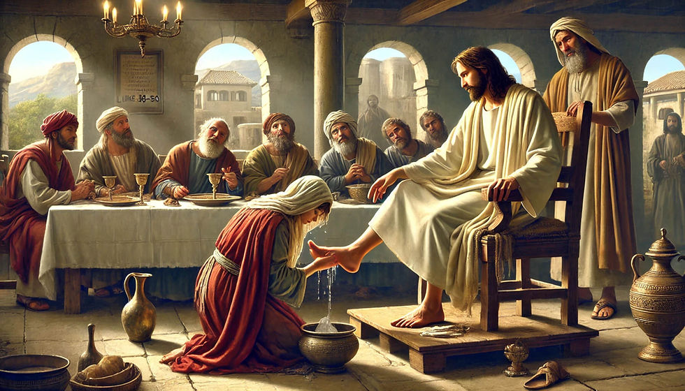 ilustração da passagem de Lucas 7:36-50, mostrando Jesus na casa de Simão, o fariseu, enquanto uma mulher pecadora unge Seus pés com perfume caro e lágrimas, enxugando-os com os cabelos.