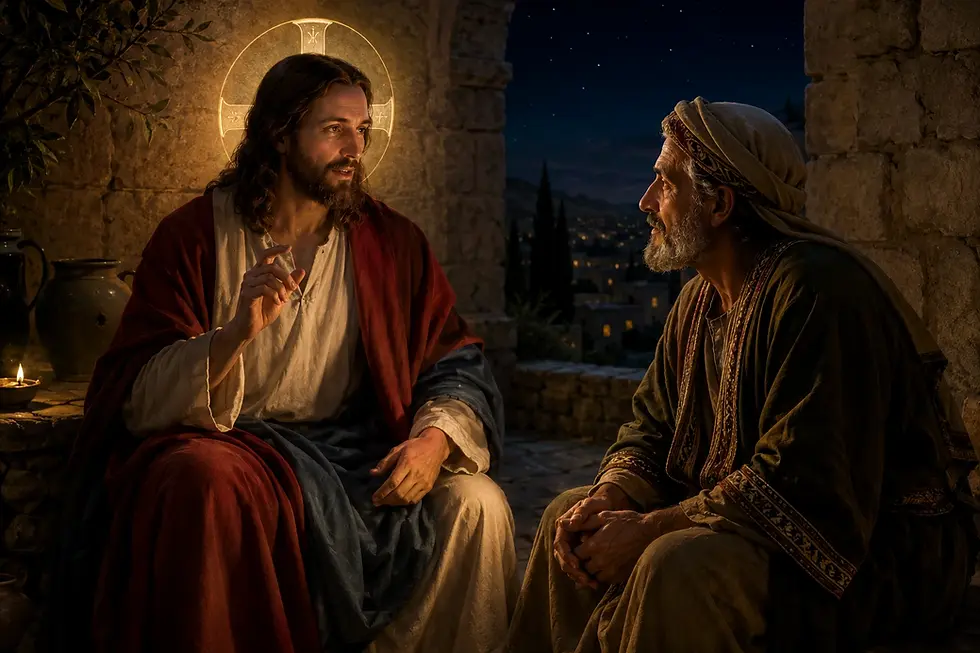 Jesus ensina Nicodemos à noite sobre o Filho do Homem e a vida eterna, em cena contemplativa inspirada em Jo 3,13–17.