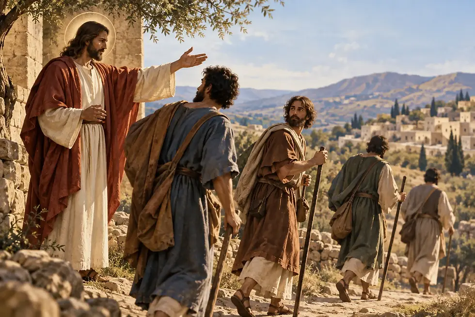 Jesus envia os discípulos em missão, dois a dois, anunciando o Reino de Deus, conforme o Evangelho de Lucas 10,1–12.